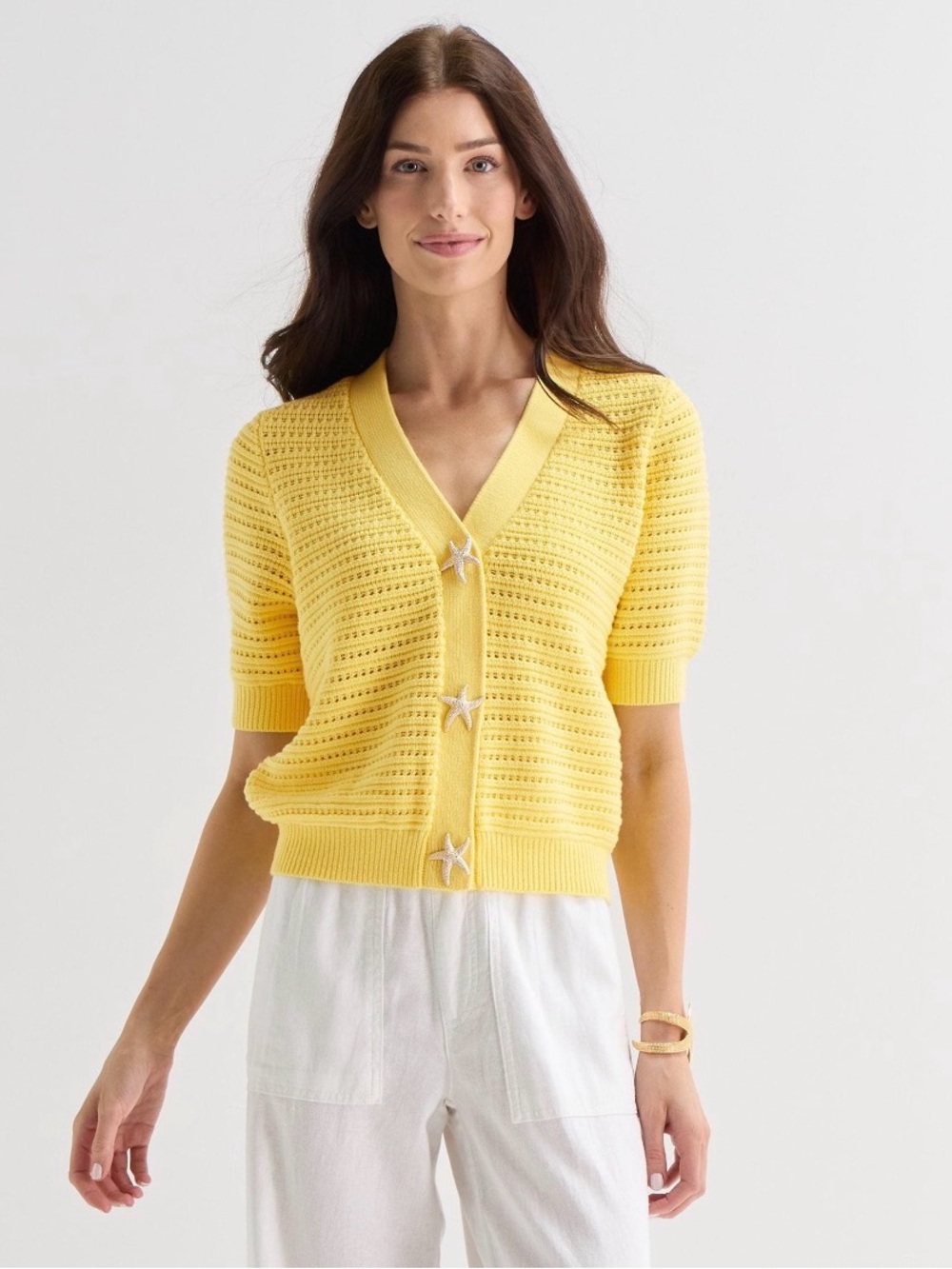 St Johns Bay Womens Yellow Pointelle Crochet Starfish Button Cardigan Size XL